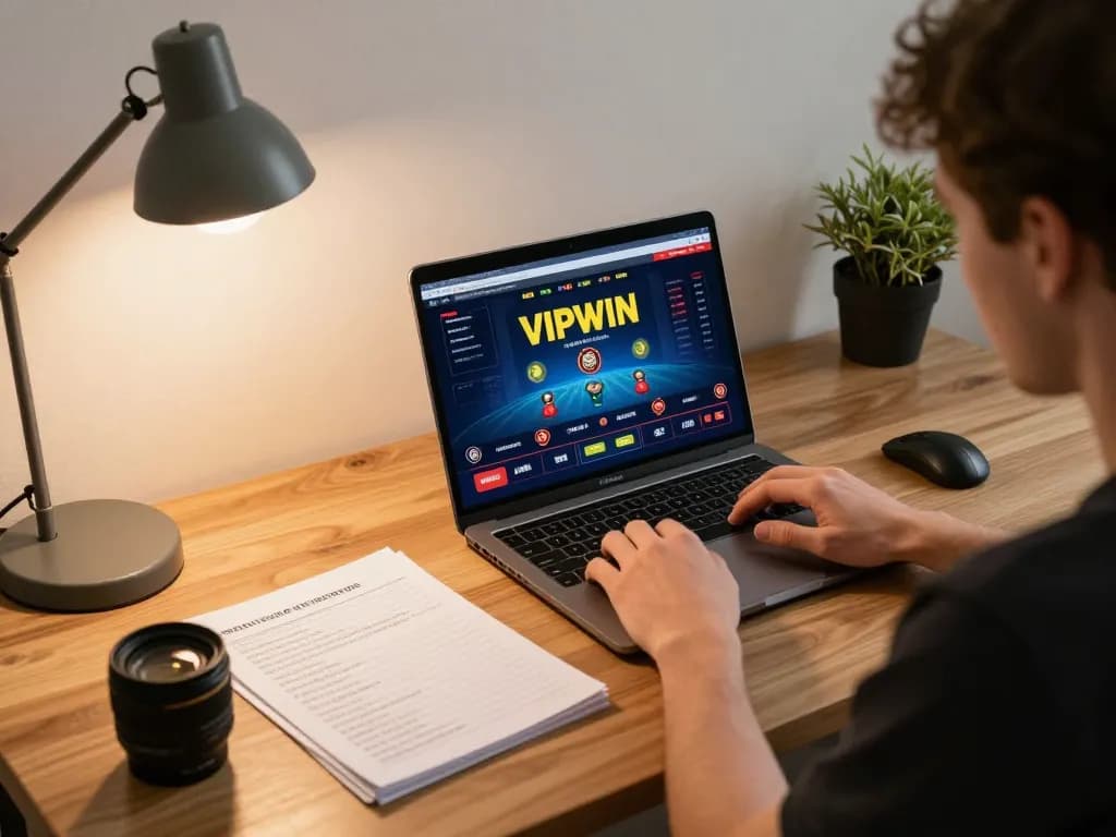 Engaging gameplay on VIPWIN online casino displayed on laptop in cozy workspace.