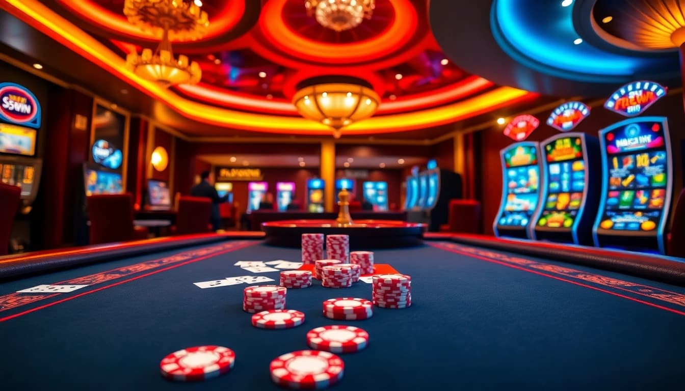 Players enjoying the excitement of gambling at 555win casino tables with vibrant décor.