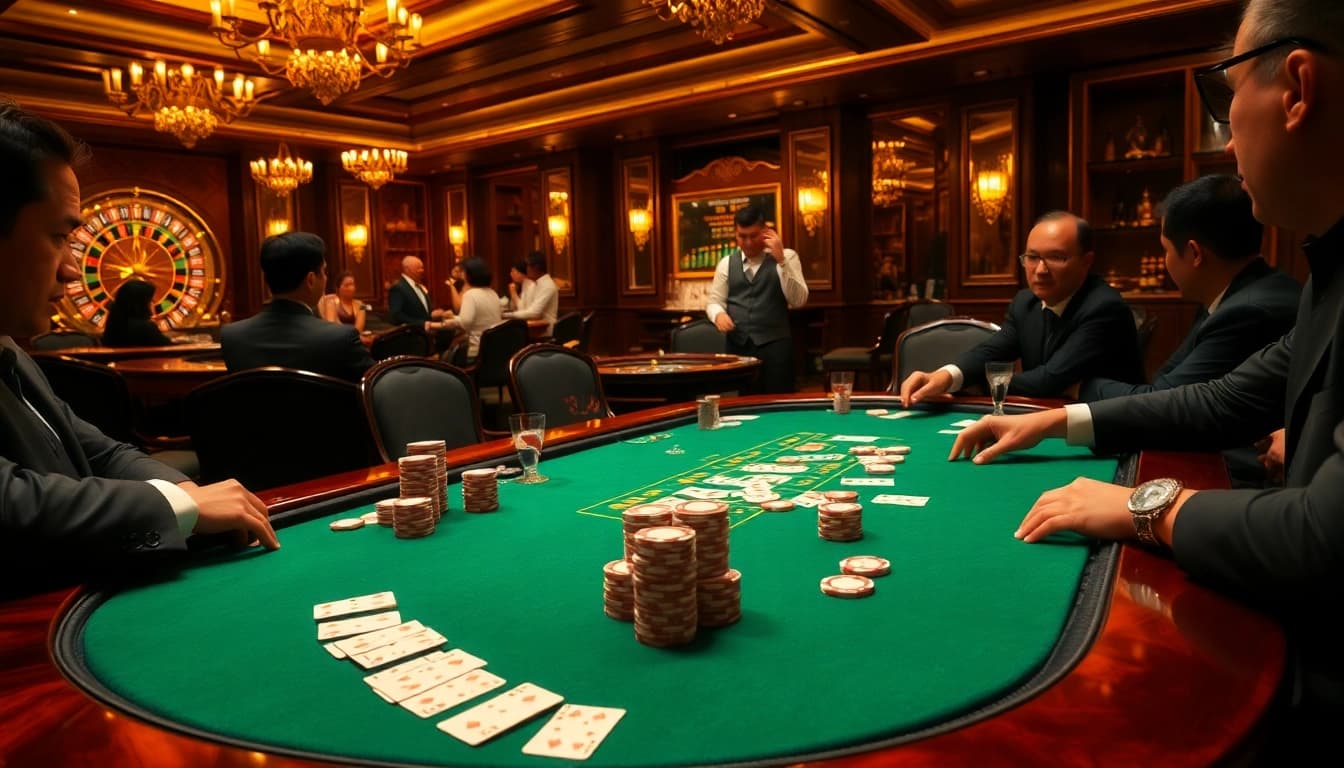 Poker players strategizing at the luxurious trang chủ thabet casino table with vibrant chips and cards.