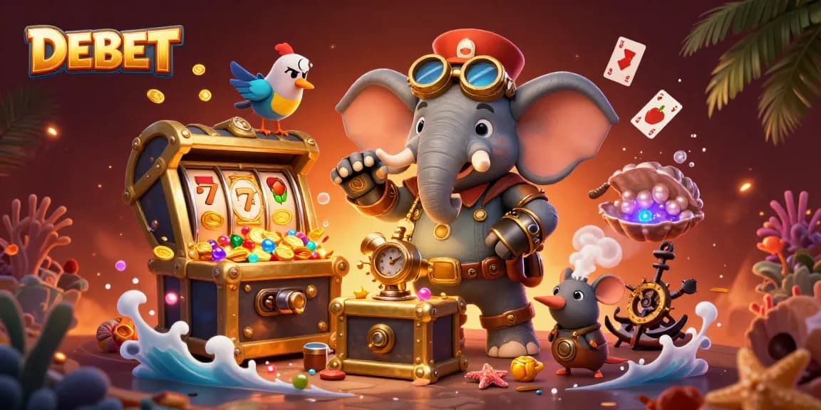 Play slots with DEBET alongside a steampunk elephant engineer and colorful gems.
