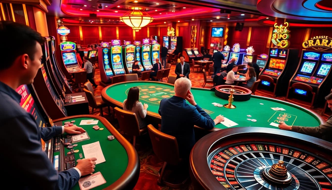 Players enjoying the electrifying rajaluck games at luxurious casino tables filled with vibrant colors.