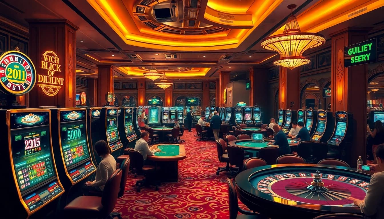 Nohudoithuong casino scene with vibrant slot machines and high-stakes poker action.
