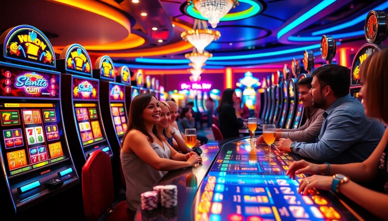 Engaging scene with players celebrating at situs slot nekatwin casino, vibrant slot machines illuminated.