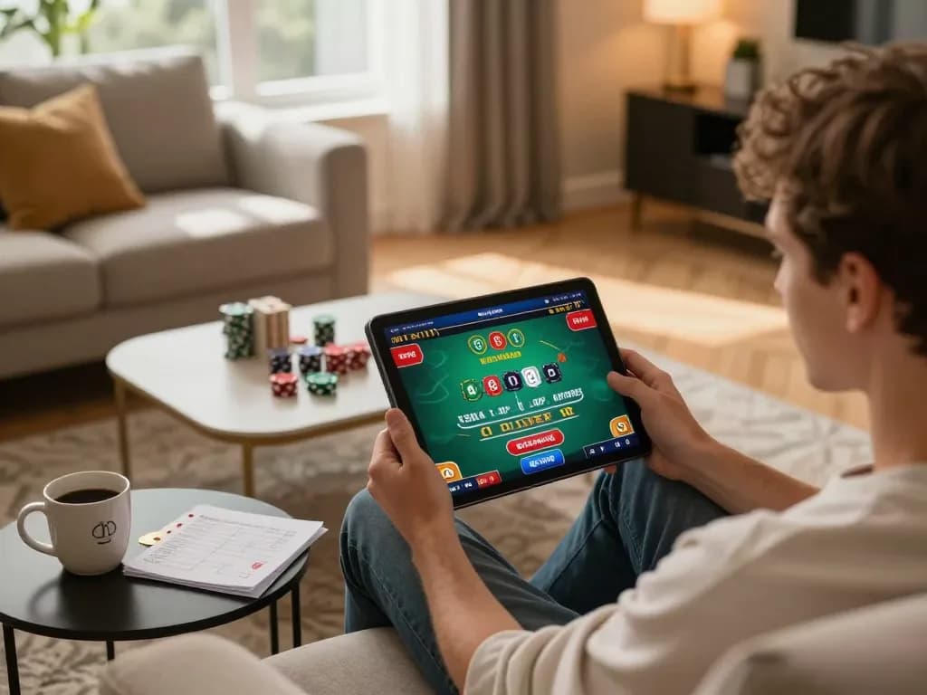 Engaged player enjoying king33 online blackjack on a tablet in a cozy home setting, emphasizing responsible gambling.