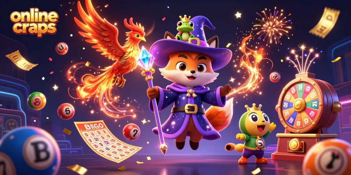 Experience the excitement of online craps with vibrant elements and dynamic characters in a magical setting.