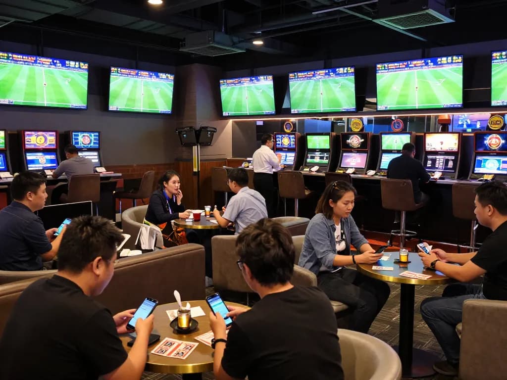 Tỷ Lệ Bóng Đá calculated odds and bets being placed in an upscale sports betting lounge