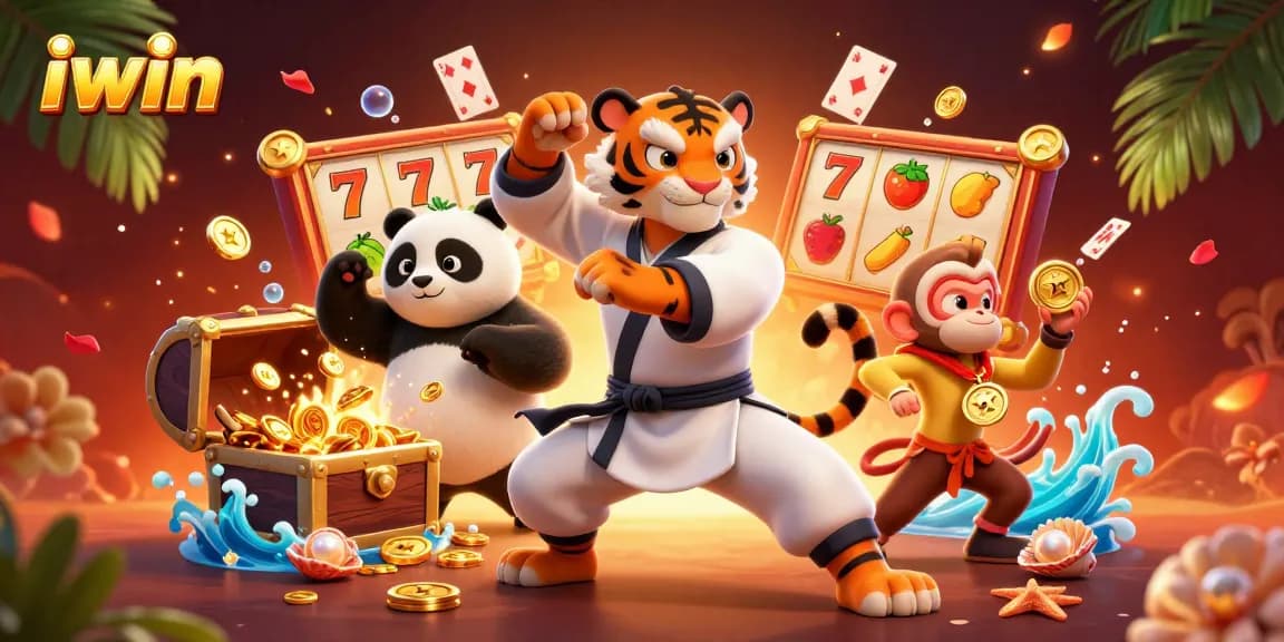 Engage with iwin casino magic, featuring a kung fu tiger master amidst thrilling slot games and sparkling treasures.