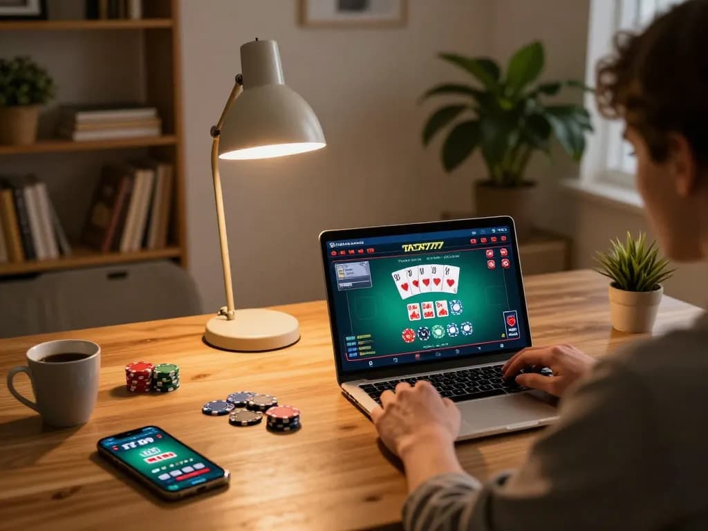 TAYA777 app being played on a laptop during a cozy home gaming session, displaying strategic poker gameplay.