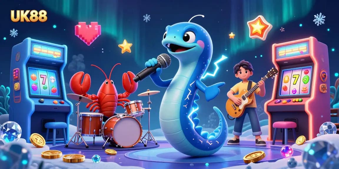 Electric eel DJ at UK88 casino, vibrant underwater scene with slot machines, lightning effects
