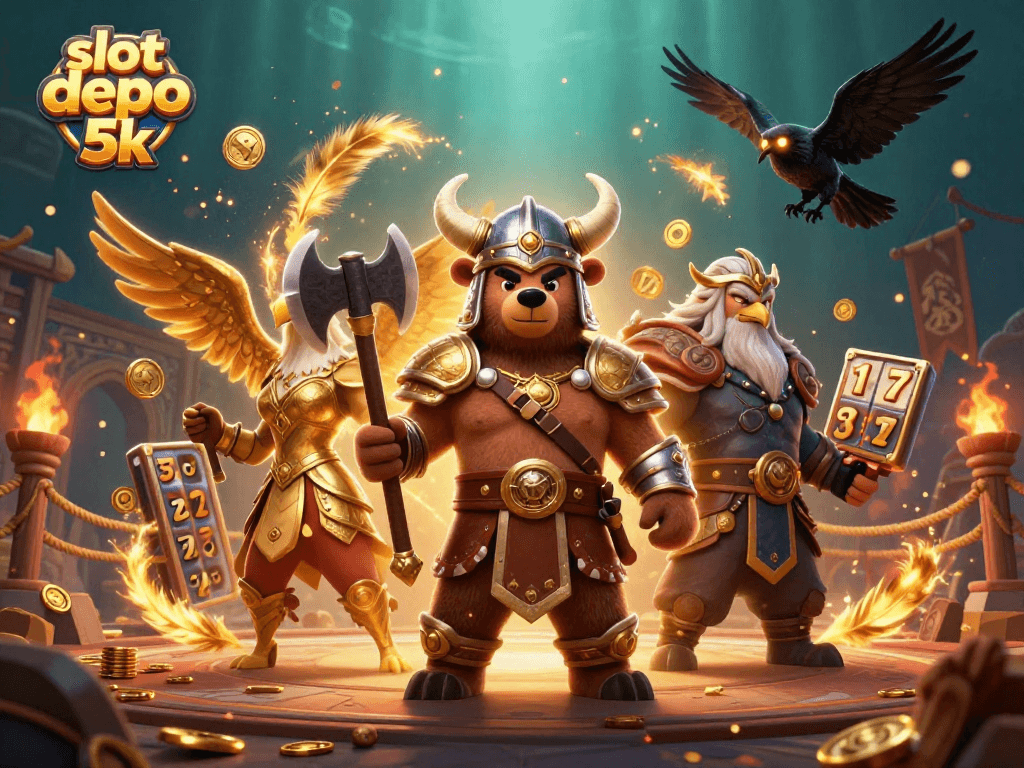 Experience the thrill of slot depo 5k with an epic Viking battle scene featuring golden reels and dynamic gameplay.