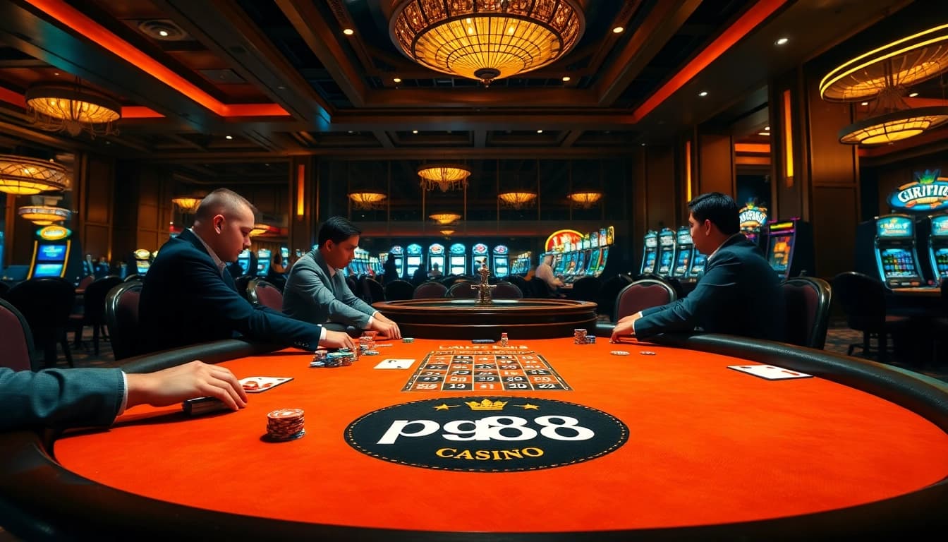 Experience the thrill of pg88 at an elegant poker table, showcasing vibrant chips and competitive play.