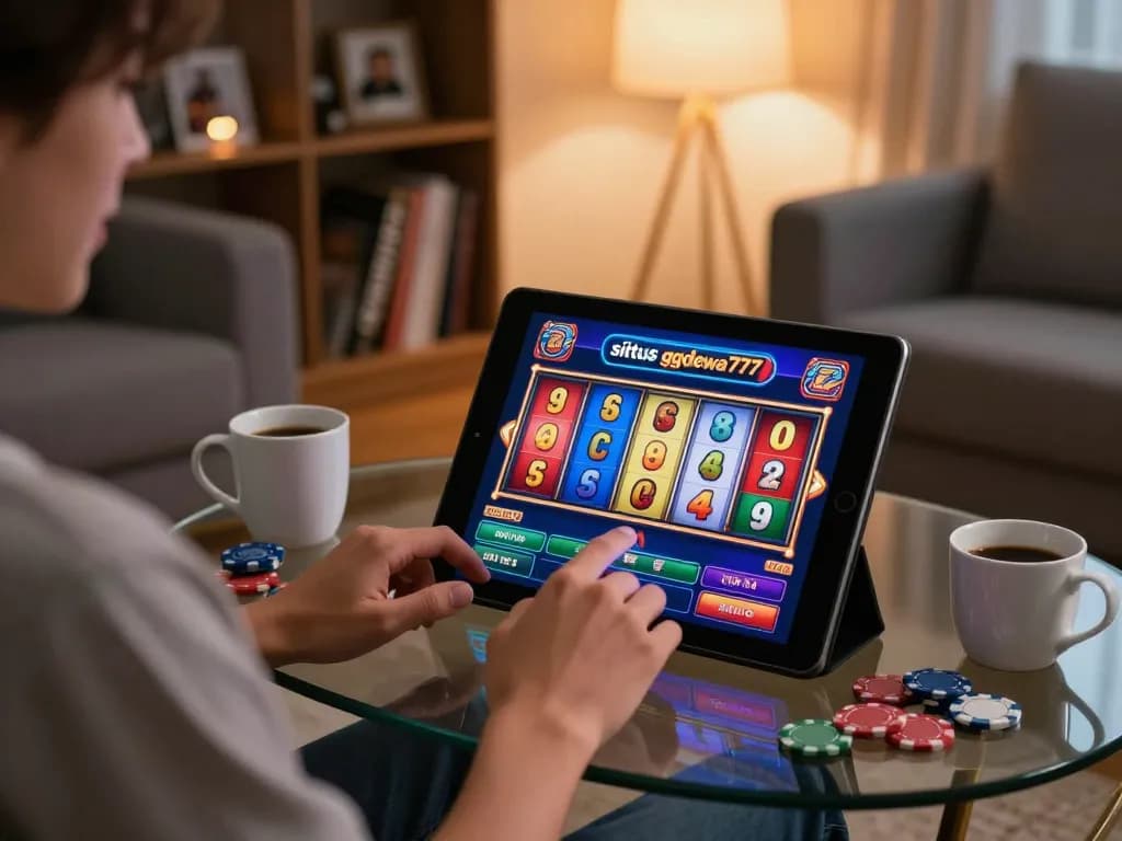 Situs ggdewa777 player enjoying online slots in cozy home atmosphere with vibrant screen and casino chips.
