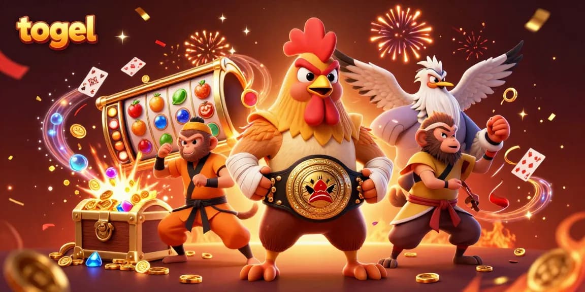 Engage in thrilling togel play with vibrant characters, dynamic slots, and celebratory elements.