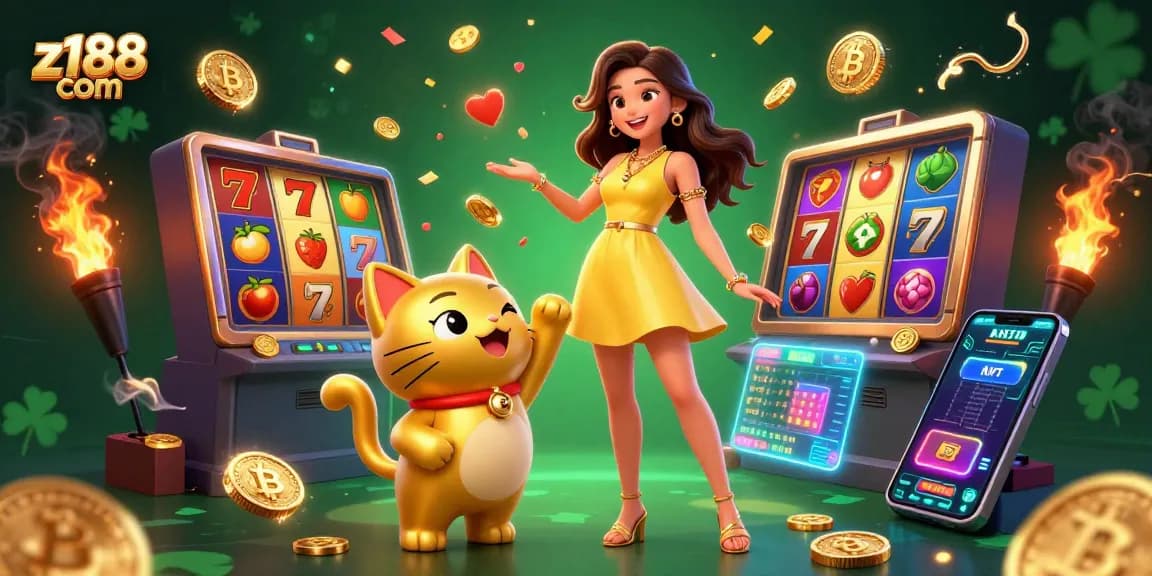 Experience vibrant gaming at z188 com with a cheerful Asian woman and a lucky cat mascot amidst floating slot reels.