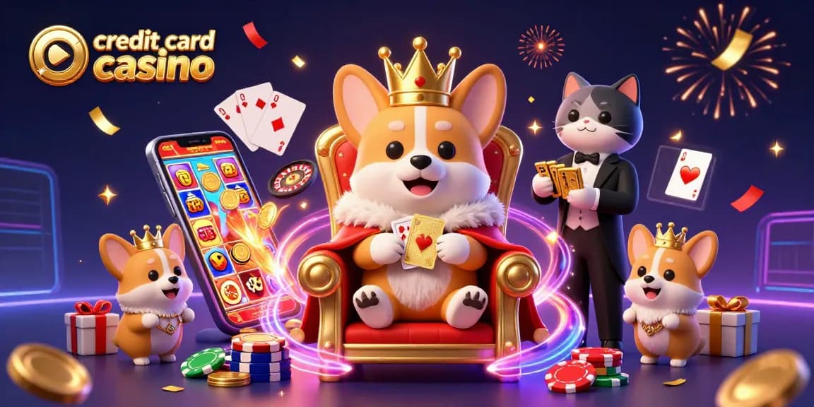 Engage in a vibrant credit card casino experience with a royal corgi on a throne of poker chips.