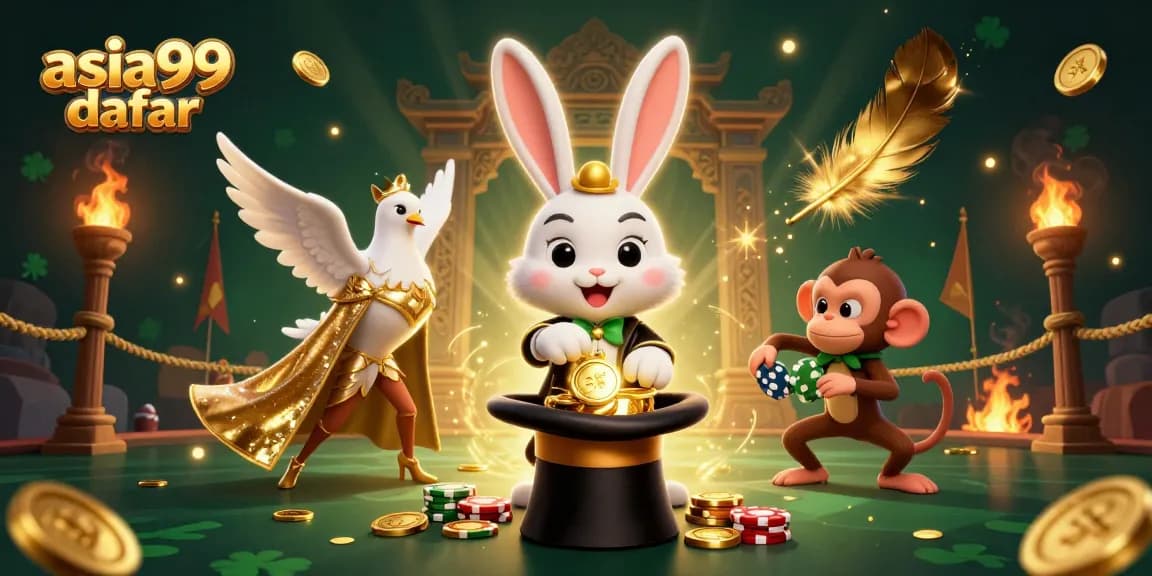 Experience asia99 daftar with a vibrant scene of a magician rabbit and playful characters in a dynamic casino setting.
