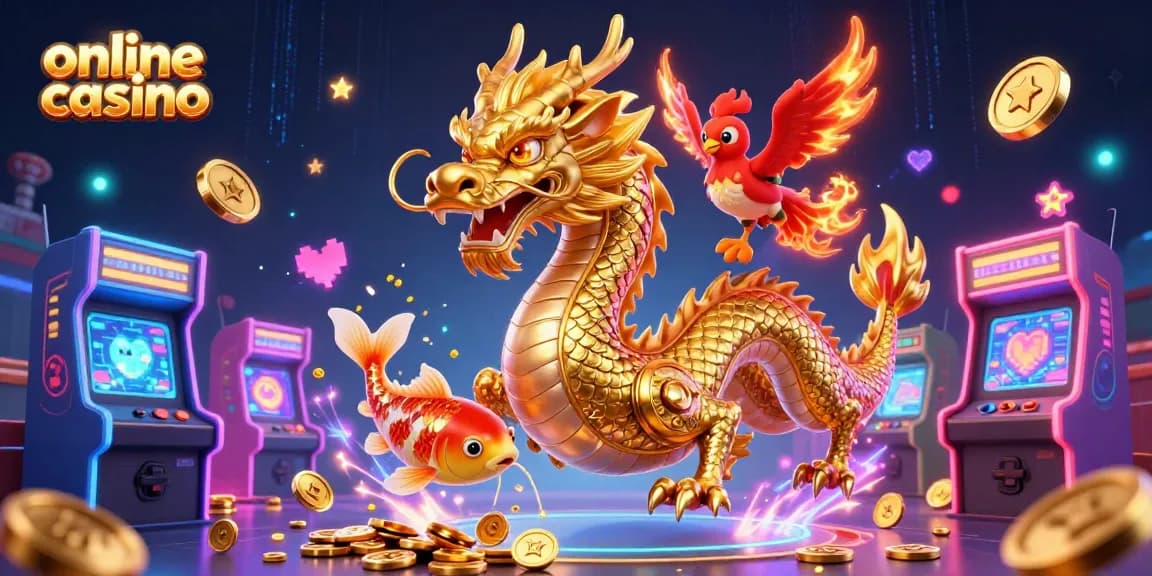 Experience the excitement of online casino gaming with a golden dragon and phoenix illustration.
