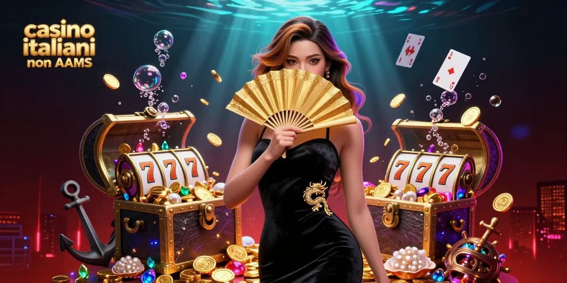 Interagisci con i casino italiani non AAMS attraverso un'incantevole illustrazione 3D di una bellissima donna circondata da elementi di gioco vibranti.