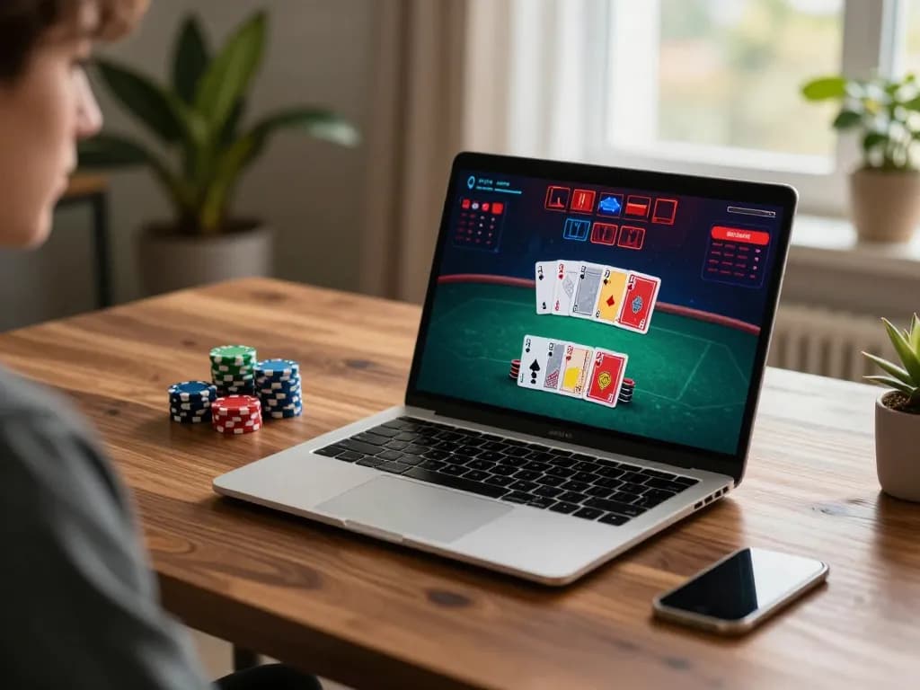 Engaging in blackjack strategy on botanicabali online gaming platform from a stylish home office.