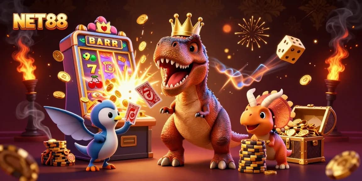 Engage in thrilling slots with NET88 featuring a T-Rex and friends amidst jackpot chaos.