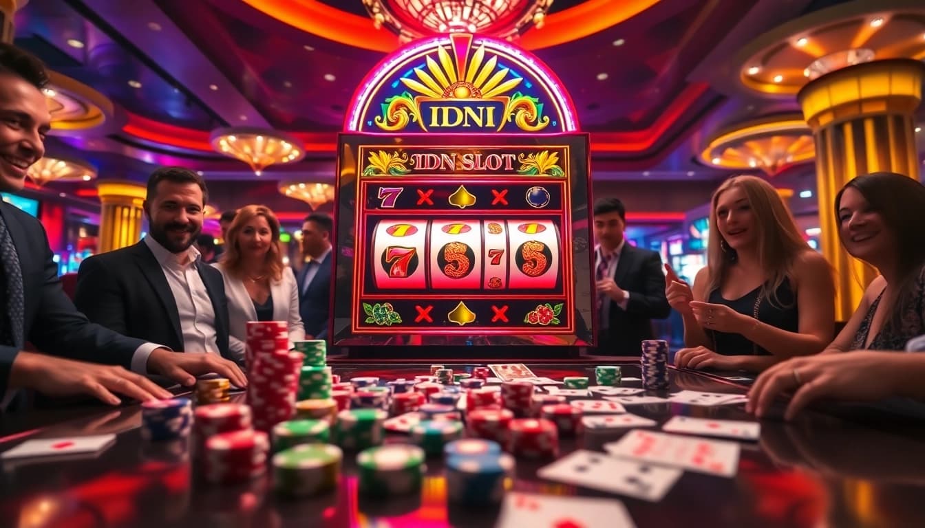 Gambling excitement with IDN slot machine in a vibrant casino atmosphere, showcasing players and chips.