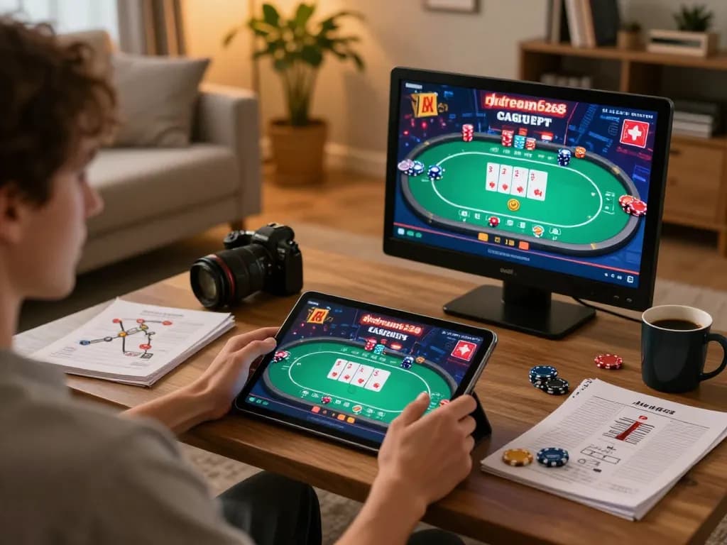 PHDREAM6268 user enjoying a poker game on tablet, showcasing a cozy online gambling atmosphere