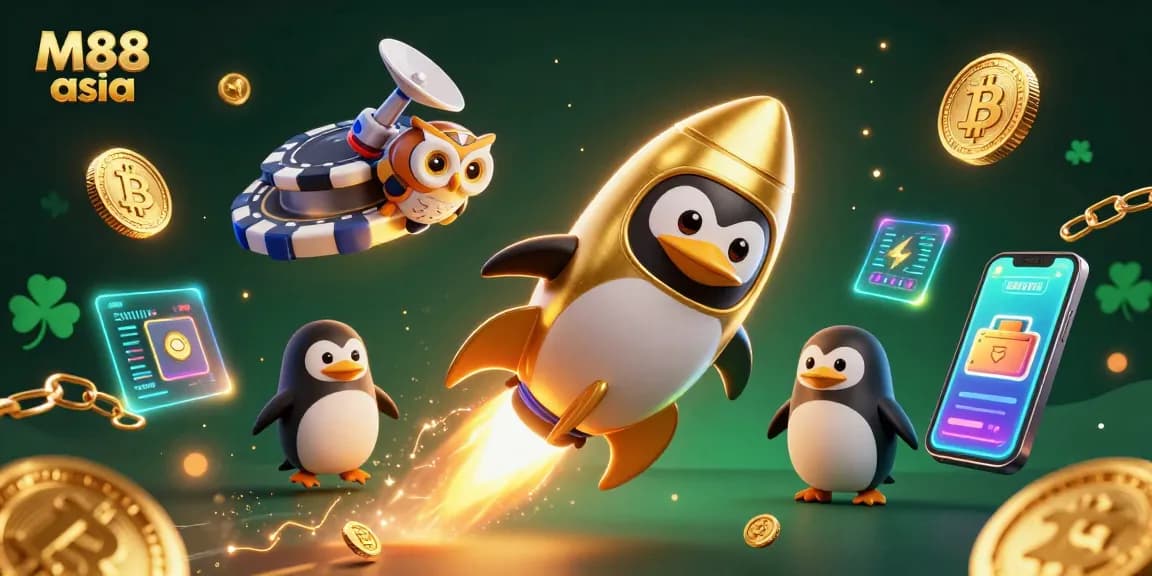 Experience the excitement of M88 asia with a vibrant casino scene featuring a golden penguin, crypto coins, and a poker chip space station.