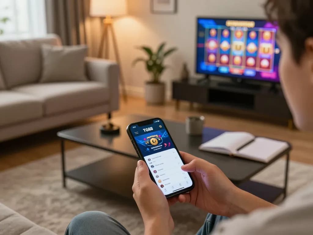 Engaging in TG88 online slots from a cozy home setup with smartphone and gaming strategies.