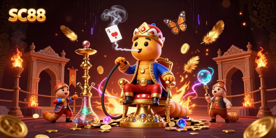 SC88 showcases a vibrant 3D digital illustration of a caterpillar hookah-master in a casino scene.