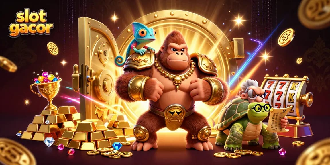 Engage with slot gacor gaming through a dynamic casino scene featuring rich treasures and vibrant characters.