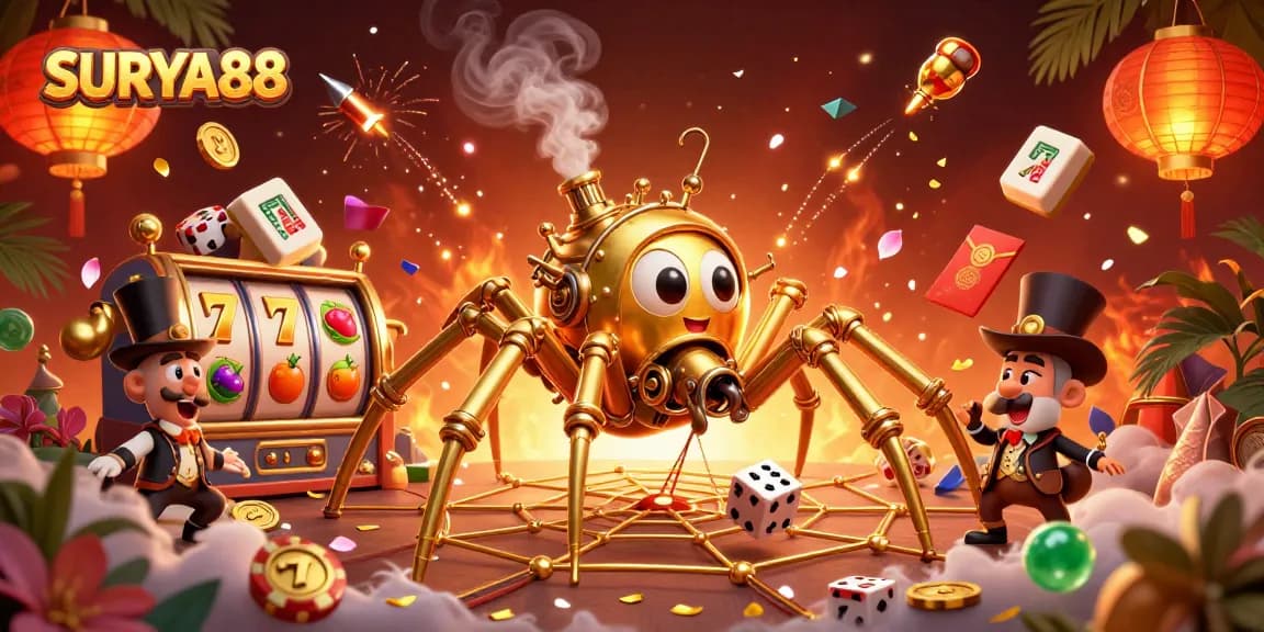 SURYA88 captures the essence of gaming excitement with a steampunk spider amidst vibrant slot elements