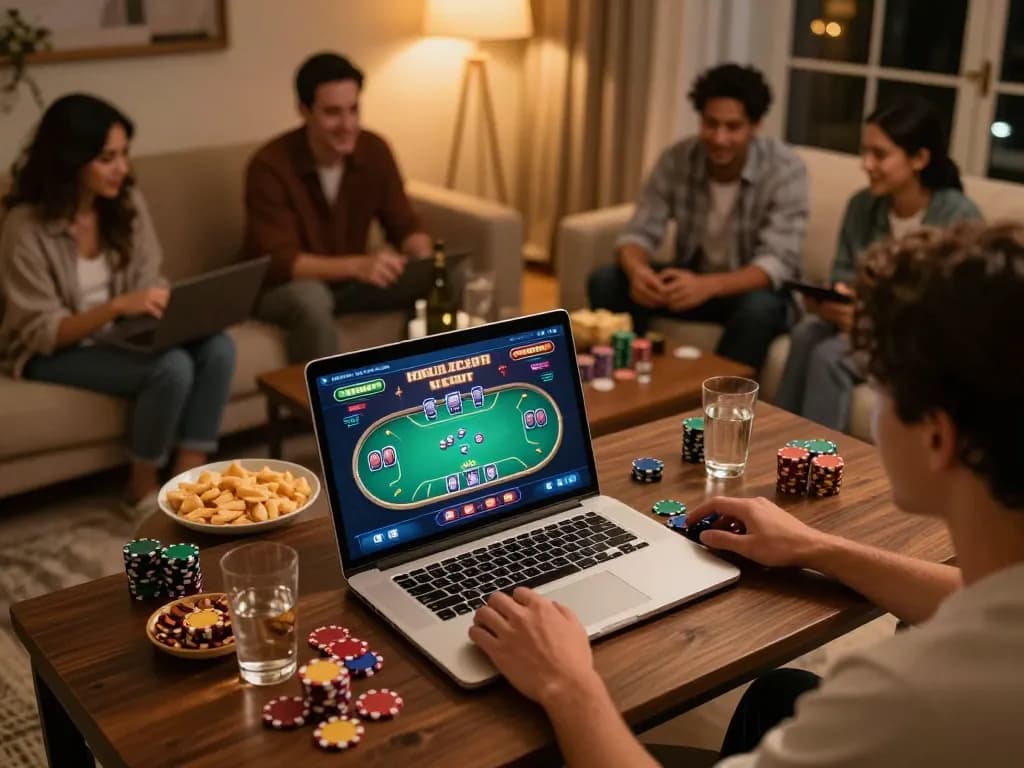 Players enjoying online poker on okwin while surrounded by friends in a cozy atmosphere