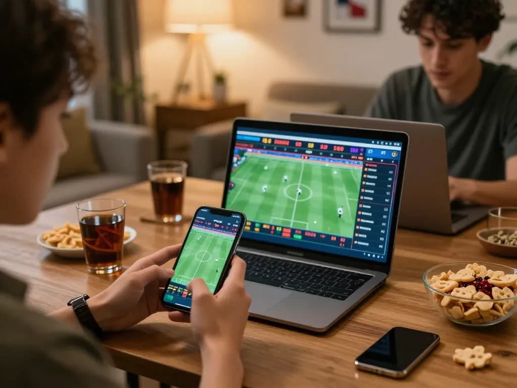 Players enthusiastically placing bets on kkwin during a live sports event in a cozy home.
