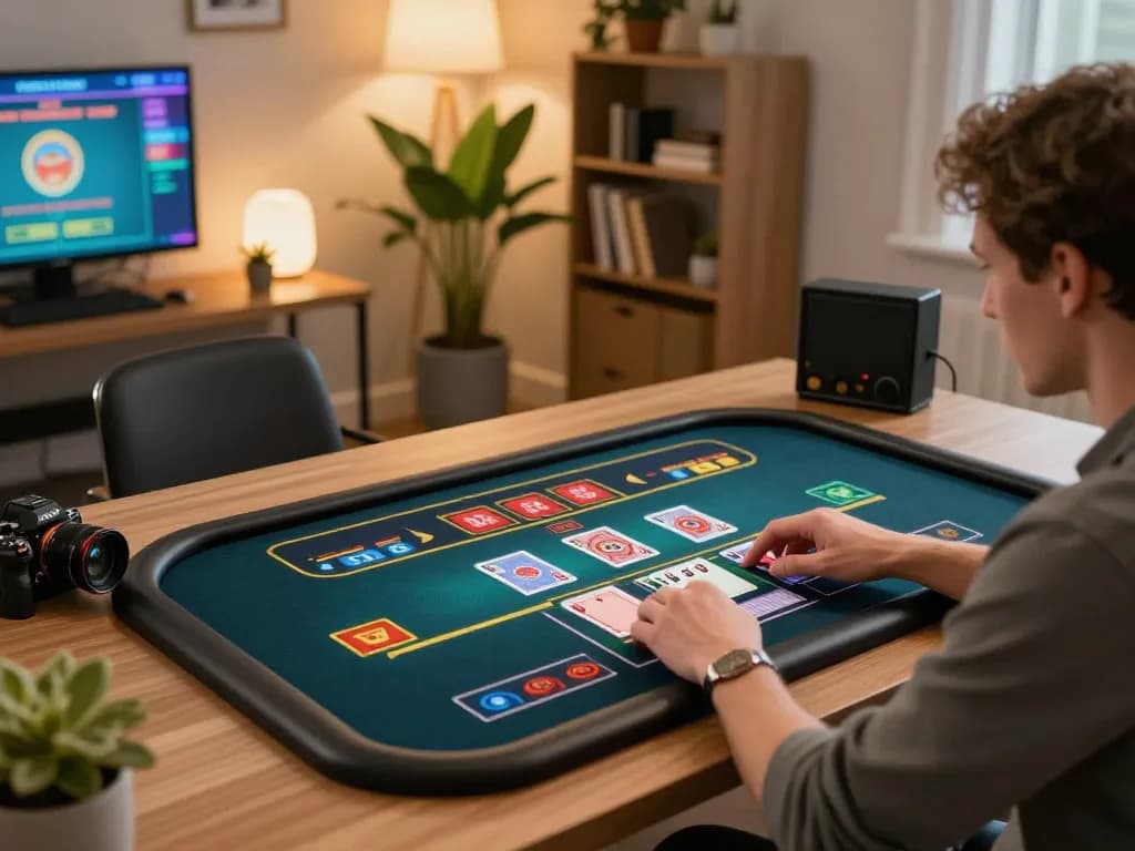 Player engaging with LV88 live dealer game on a tablet in a cozy home environment, emphasizing strategic gambling.