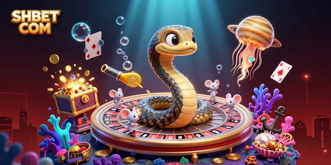 Experience SHBET COM with a vibrant 3D illustration showcasing casino elements and playful characters.