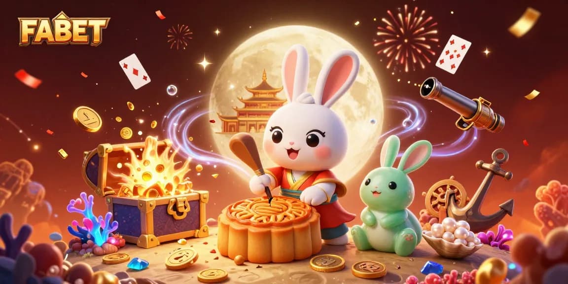 Experience FABET's vibrant casino magic with a 3D moon rabbit cracking mooncakes for poker chips.