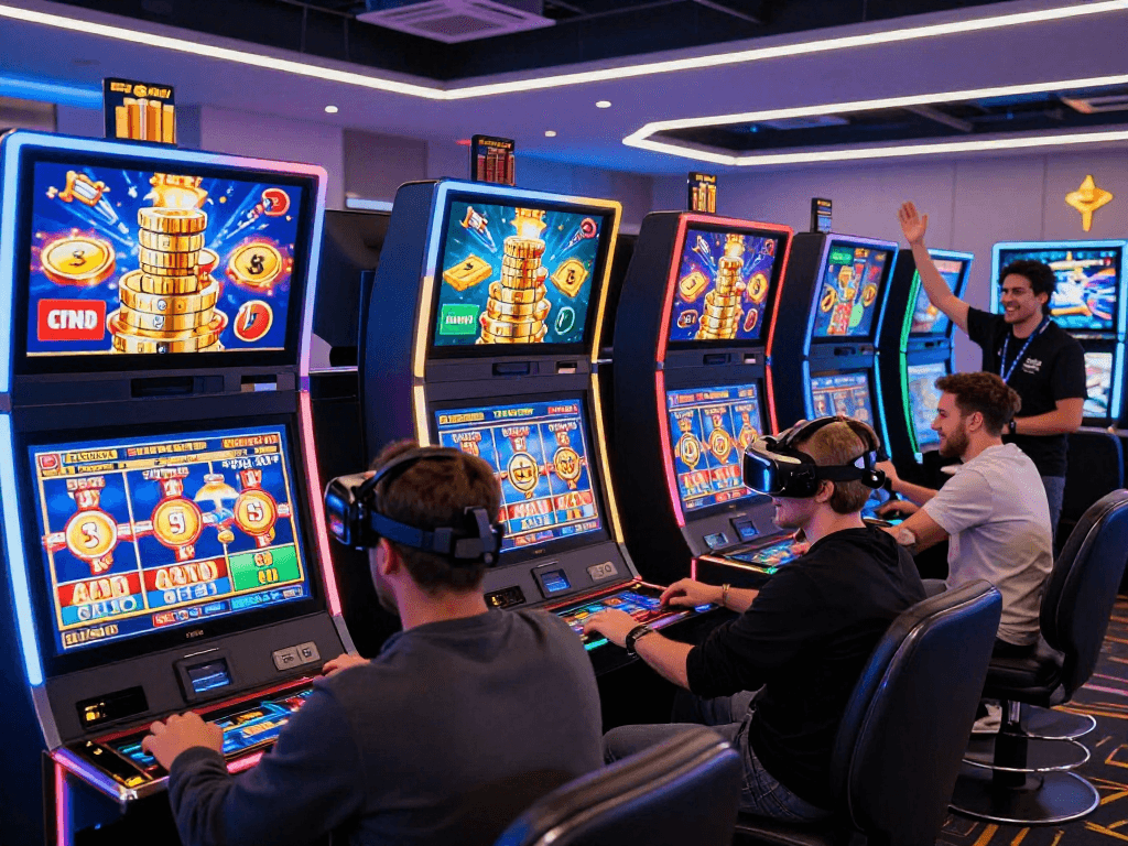 Engaged players enjoying non UK slots in a vibrant online casino environment.