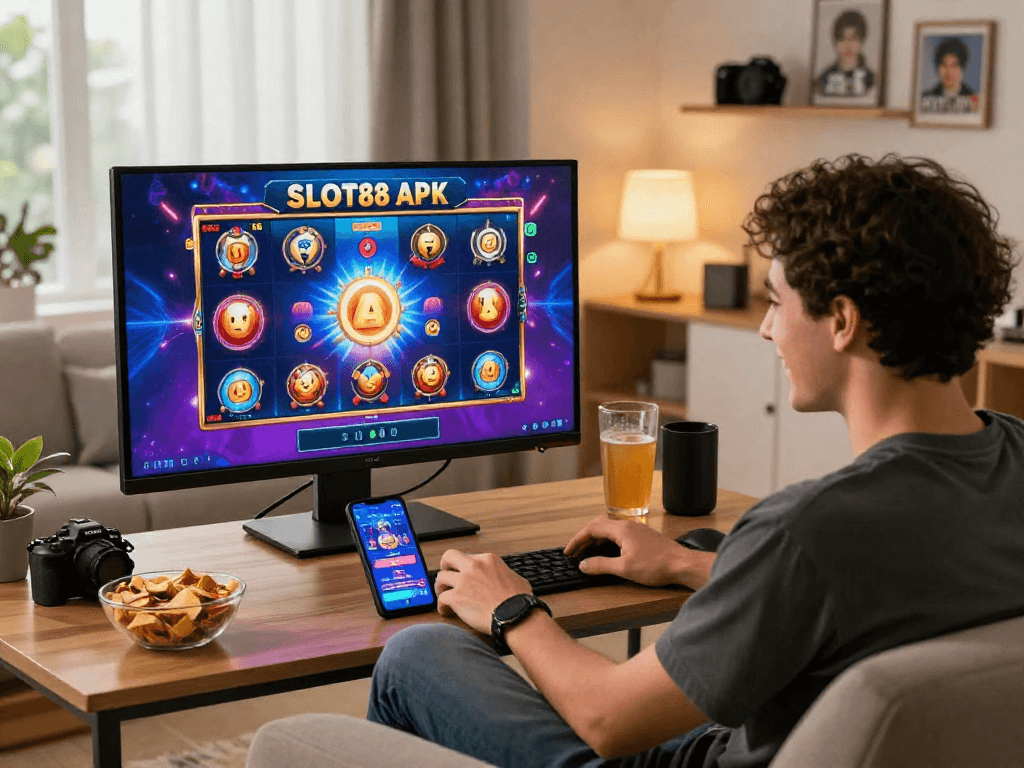 SLOT88 APK user enjoying vibrant online slot games in a modern living room setting.
