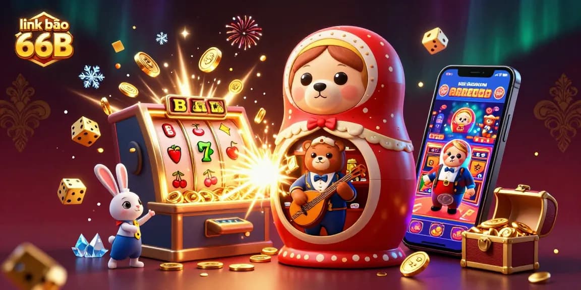 Engaging illustration depicting 'link vào 66B' with a lively casino scene featuring cartoon bears and festive slot game elements.