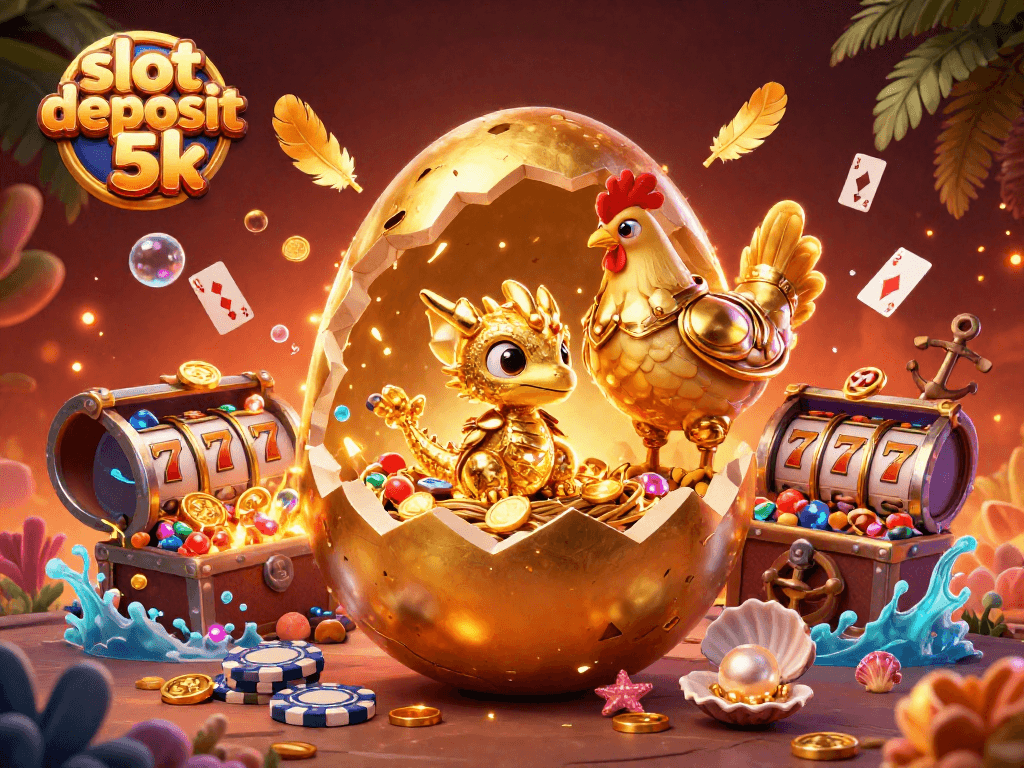 Experience the excitement of slot deposit 5k with a dynamic 3D casino scene featuring a golden dragon and gaming elements.