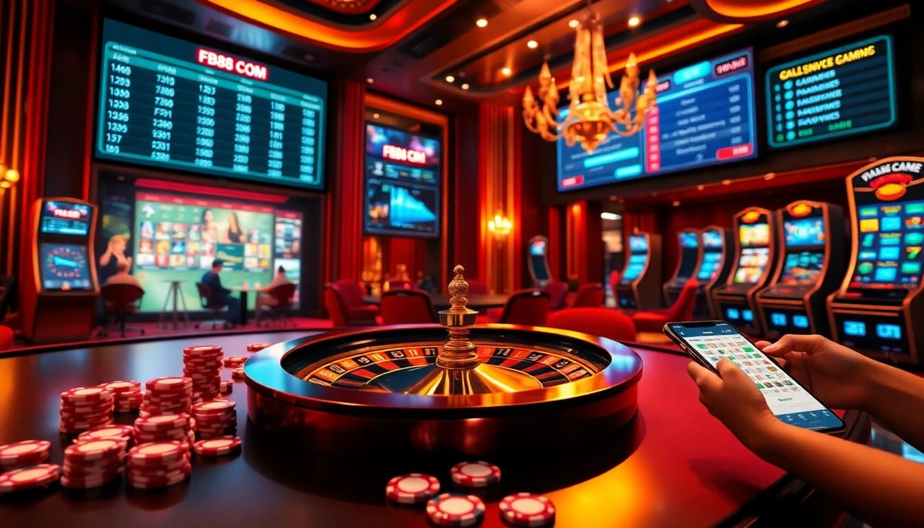 Experience the thrilling atmosphere of FB88 COM with vibrant casino visuals and exciting betting options.