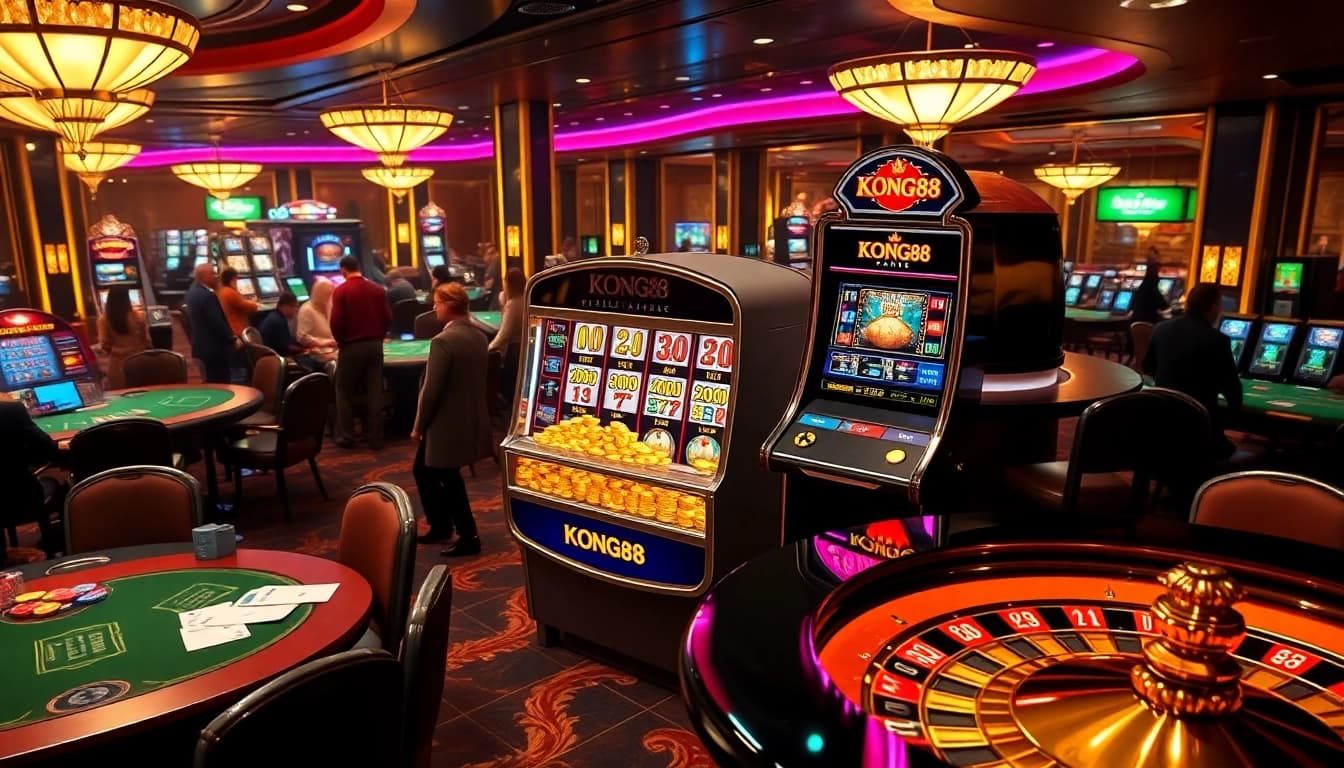 KONG88 slot machine amidst an elegant casino setting with players engaged in high-stakes games.