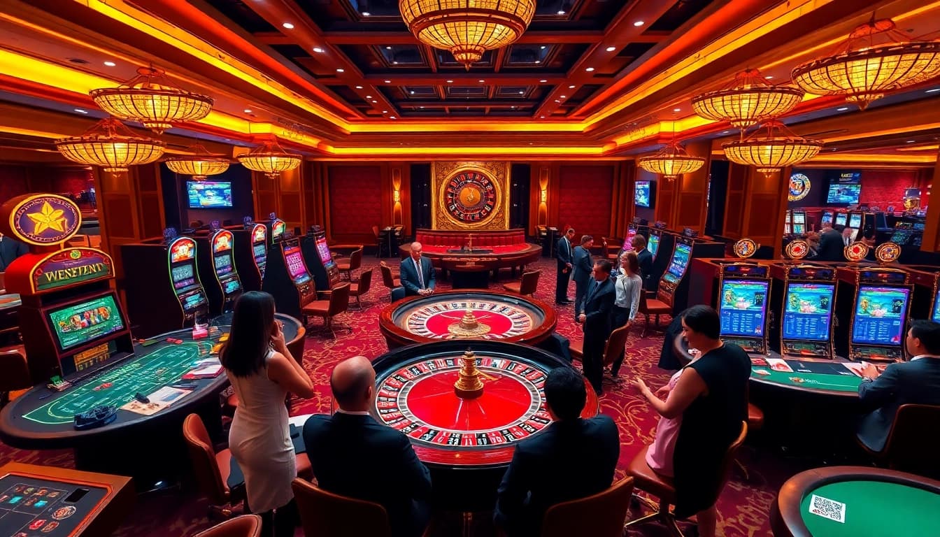 Engaging scene at TR88 casino showcasing players enjoying slot machines and roulette.