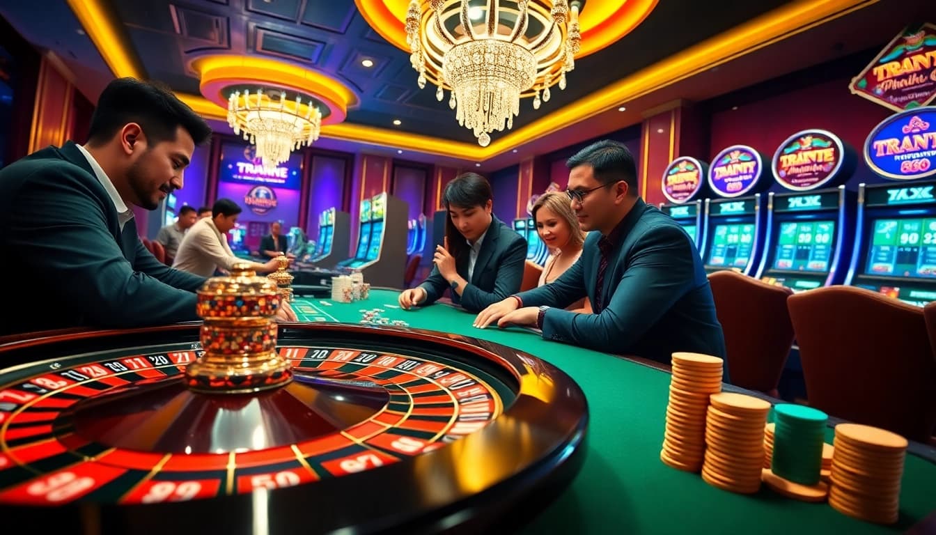 Players enjoying a thrilling game at TRANG CHỦ VT88's exclusive casino with roulette and poker chips.