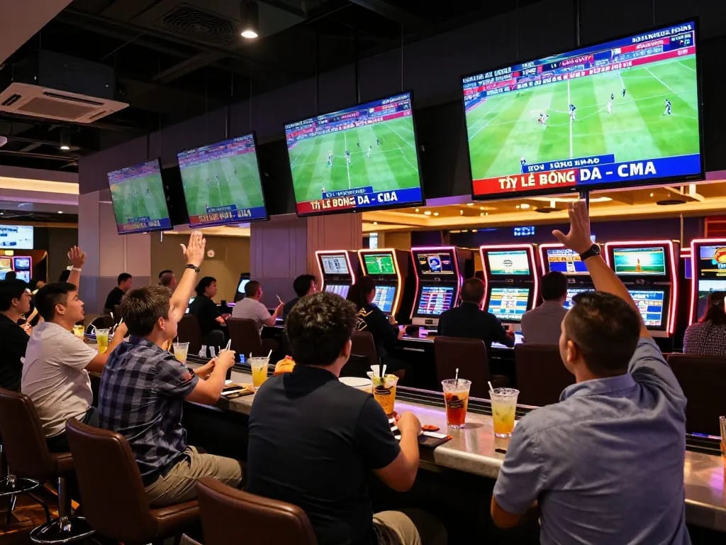 Tỷ Lệ Bóng Đá displayed on screens while spectators place bets in an active casino