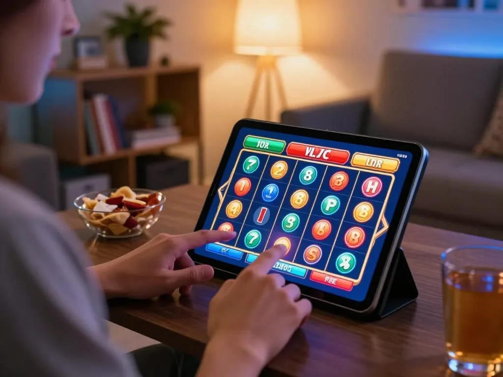 Pemain Bintangmpo sedang memainkan permainan slot online di rumah, suasana permainan yang hidup