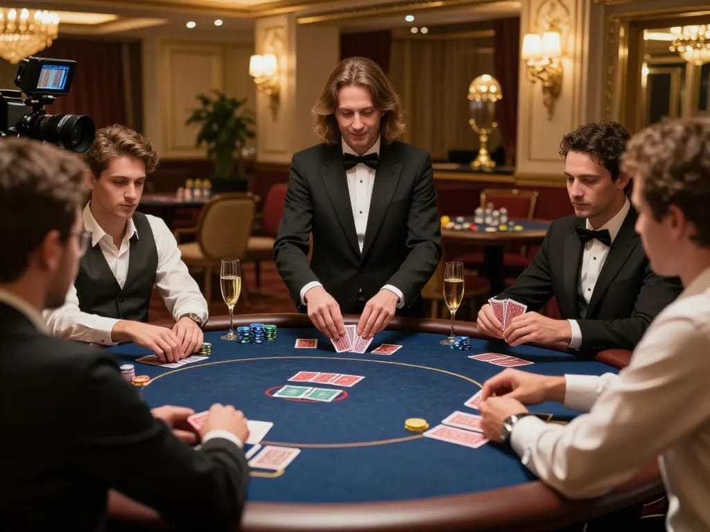 TR88 poker players strategizing over cards in an elegant casino setting, highlighting high-stakes excitement.