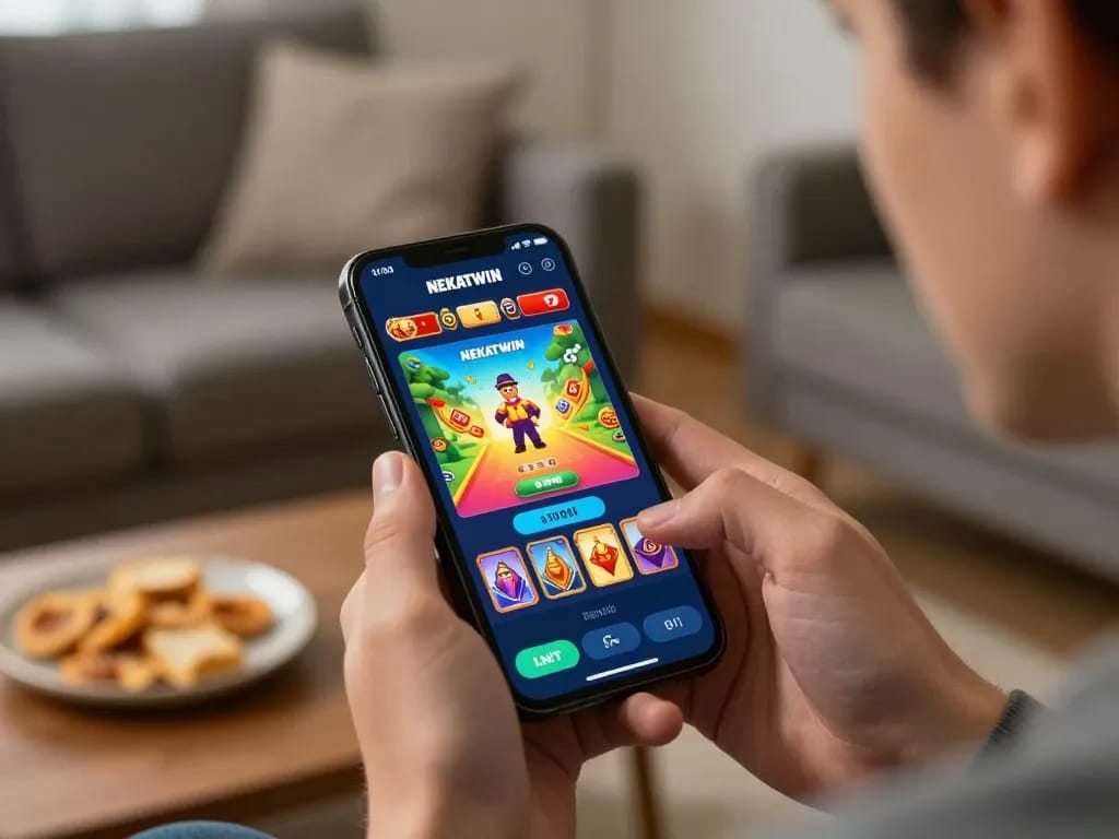 Engaging in NEKATWIN daftar online casino gaming on smartphone in cozy home.