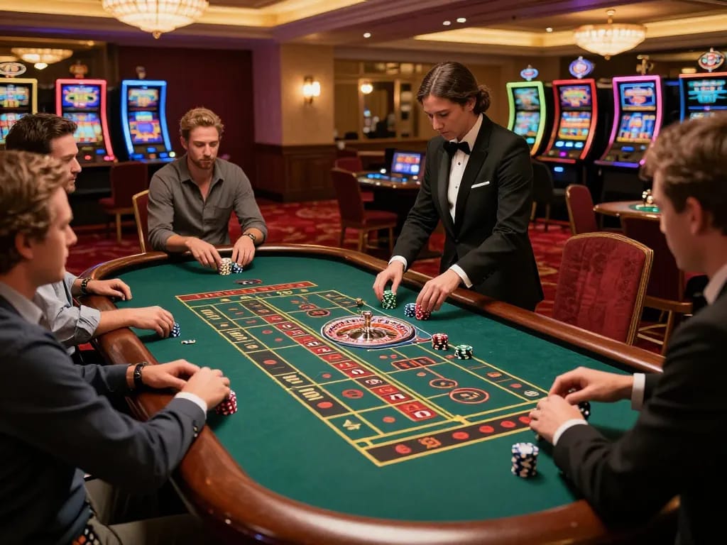 Exciting gameplay at trang chủ KO66 featuring players betting at a roulette table in a luxurious casino setting.