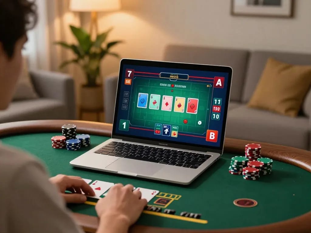 Player engaging in live dealer blackjack on 99ok laptop in modern home setup.